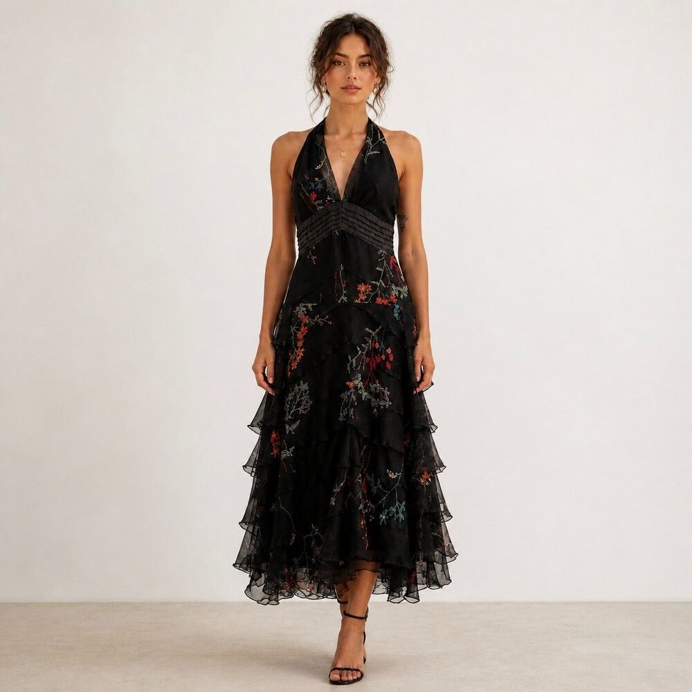 Maxazria Collection Silk Ruffle Tiered Midi Dress Halter Neck 2 Whimsigoth Y2K